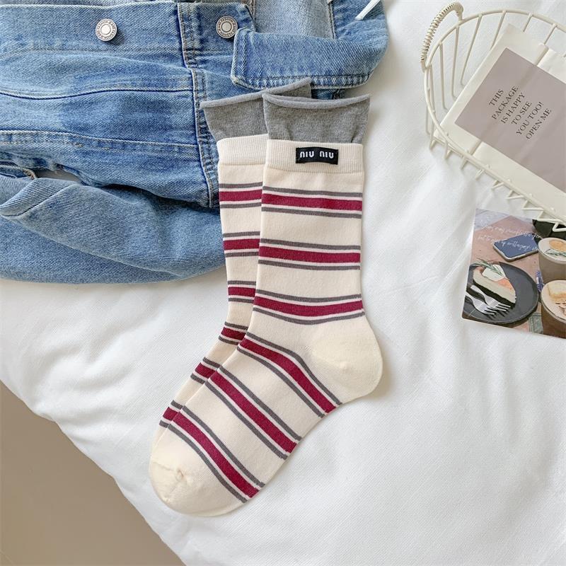 

Spring And Summer Striped Mid-Tube Socks Double Ribbed Casual Cotton Women S Socks Sports All-Match Long Women S Socks