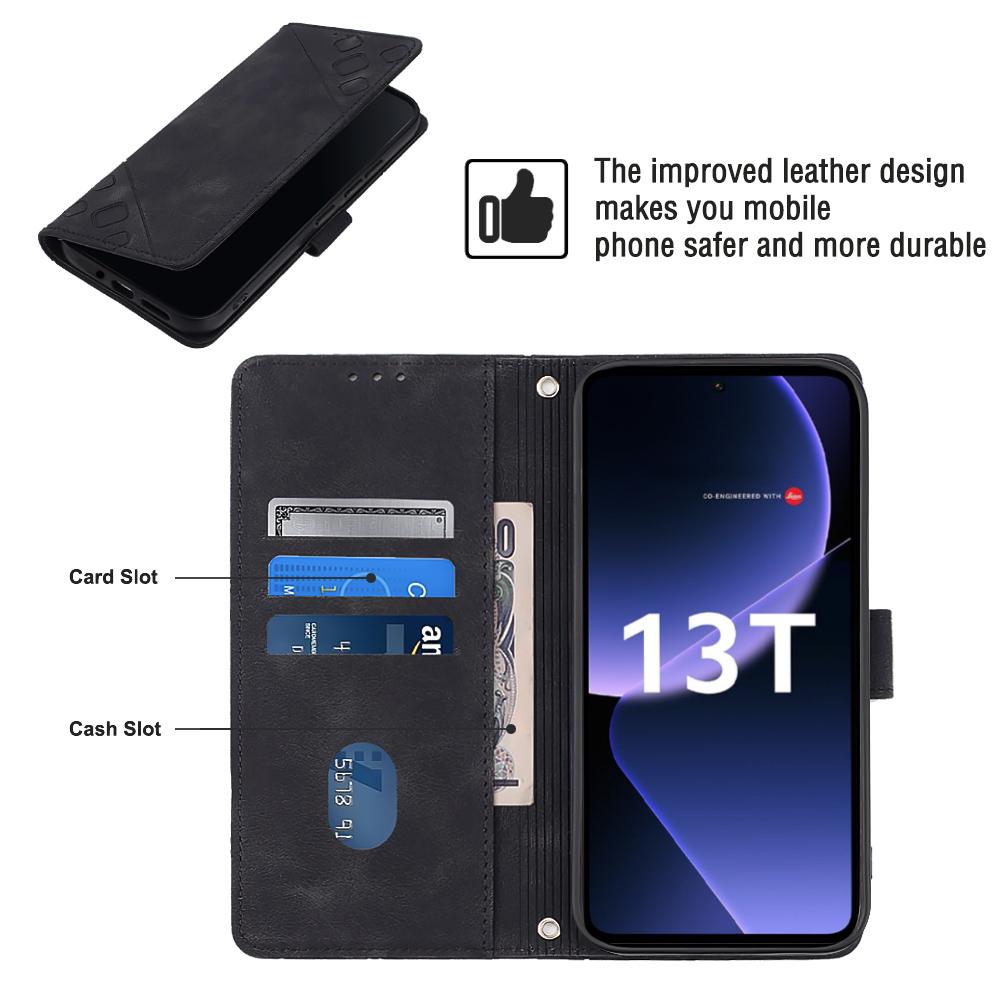 

For Xiaomi 13T/13T Pro/Redmi K60 Ultra Phone Case with Shoulder Strap Skin-Touch Leather Wallet Stand Cover Black