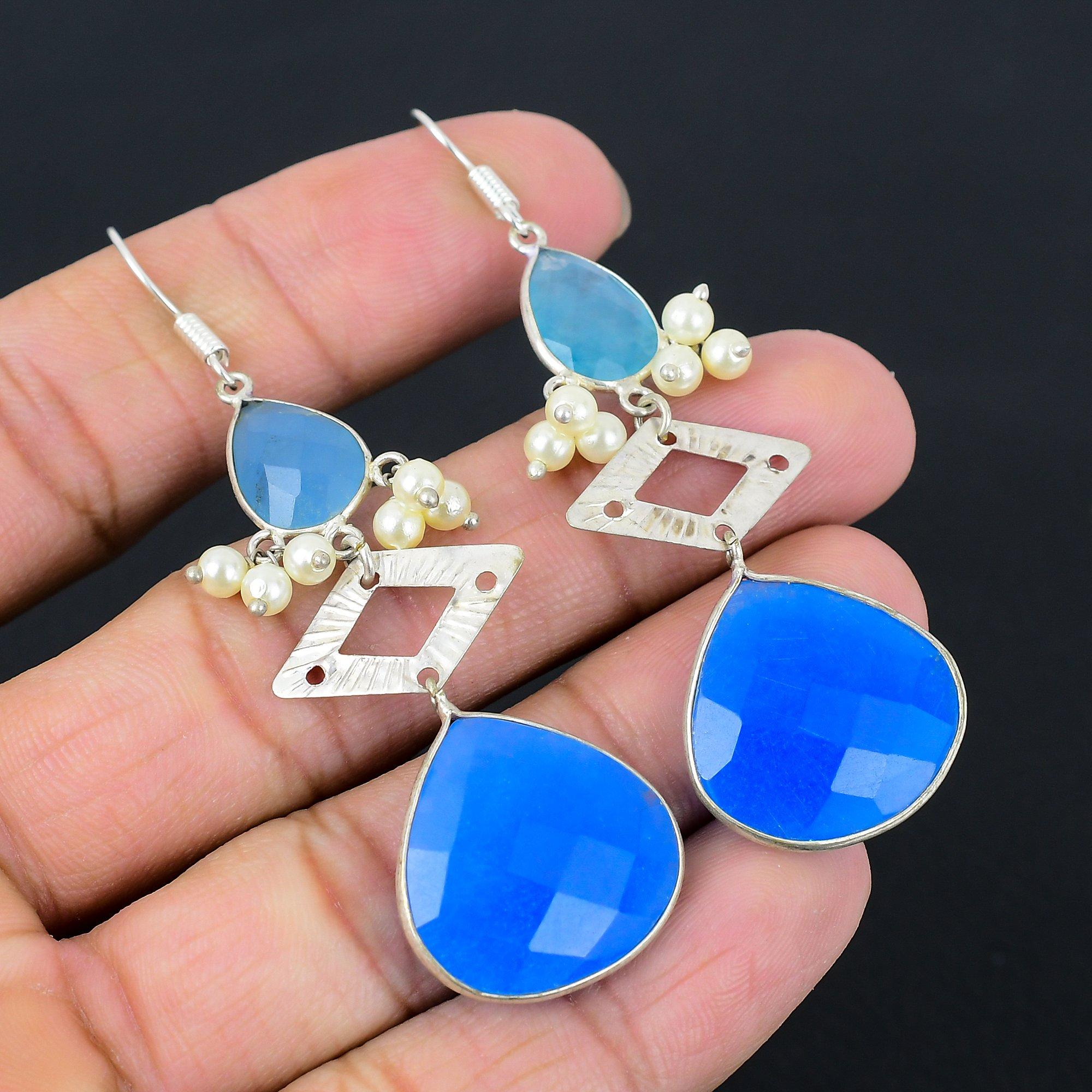 

Wedding Gift For Her 925 Silver Natural Blue Saphire Drop/Dangle Earrings