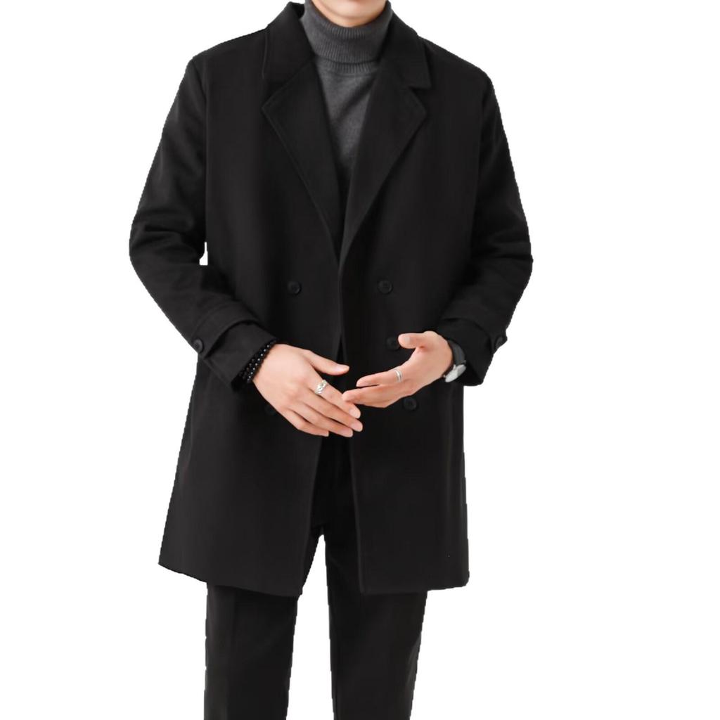 Men's Trendy Thickened Double-Breasted Mid-Length Wool Trench Coat