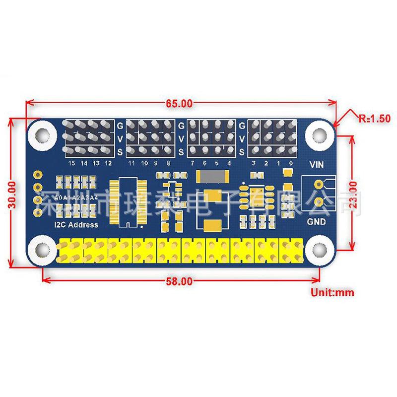 Raspberry Pi 16-Channel Servo Driver HAT (B) with Curved Pin Header, 12-Bit Resolution