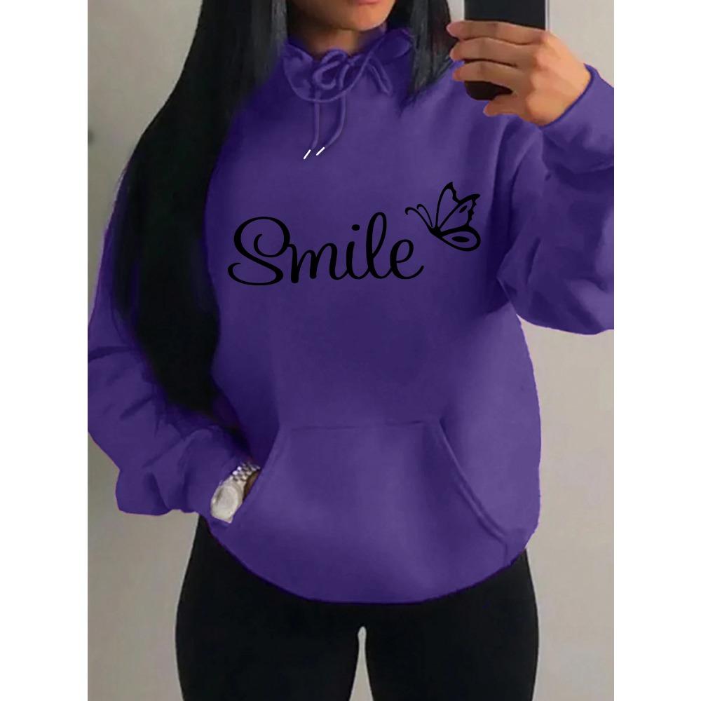 Smile Font Language Butterfly Pattern Hoody For Women Sport Pocket Clothing Cute Multicolor Streetwear Fashion Hoodies