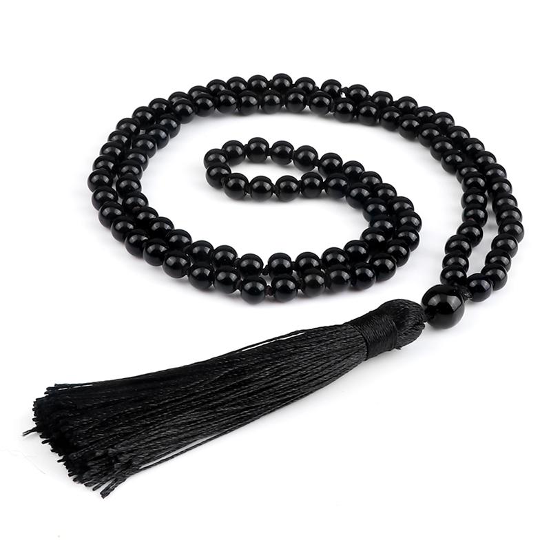 

6mm Black Lava Stones Necklaces 108 Beads Natural Pine Stone Mala Tassel Necklace Fashion Jewelry for Women Men Buddhist Gifts