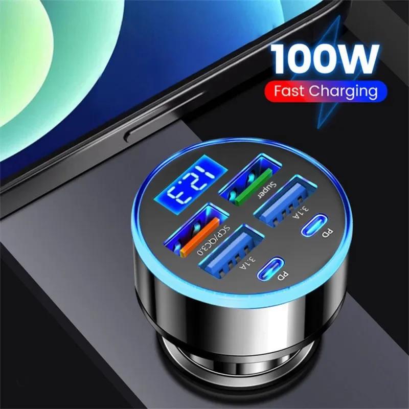 New 100W 6 In 1 Car Phone Charger Adapter with Voltage Display USB C Dual PD Fast Charge Adapter for IPhone Samsung Xiaomi