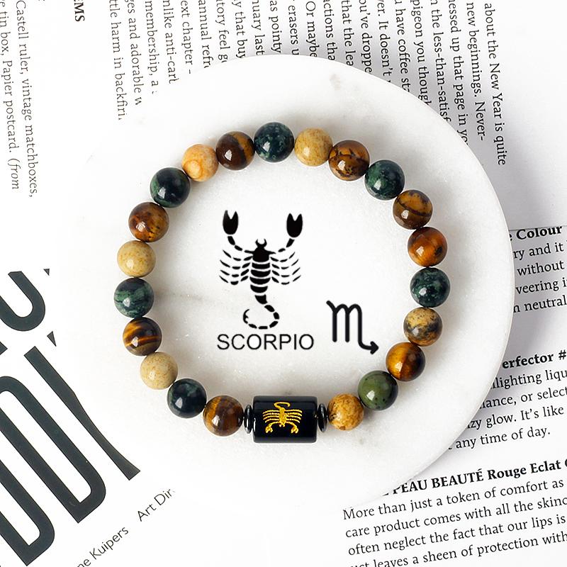12 Constellations Scorpio Bracelet Natural Stone Tiger Eye Beads Bracelets for Men Women Cancer Virgo Leo Libra Couple Jewelry
