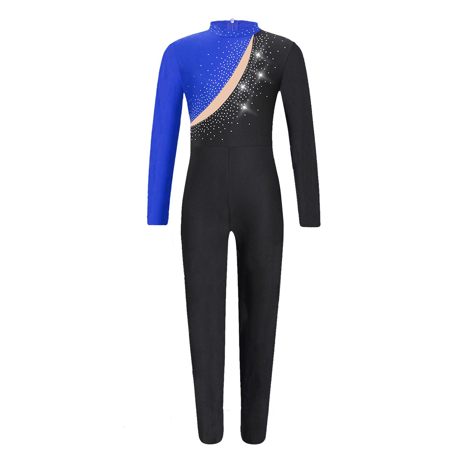

Дитячий гімнастичний купальник з блискучим дизайном з стразів, кольоровий блок, комбінезон з довгим рукавом, боді для фігурного катання 15-16 Years синій