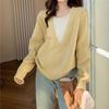 Color matching v-neck fake two-piece knitted sweater for women's autumn and winter new design sense, thin pullover sweater for women