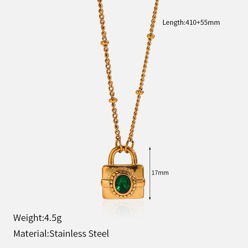 French Vintage Emerald Necklace Geometric Mother Of Pearl Inlay Titanium Steel Pendant Women Jewelry Gift