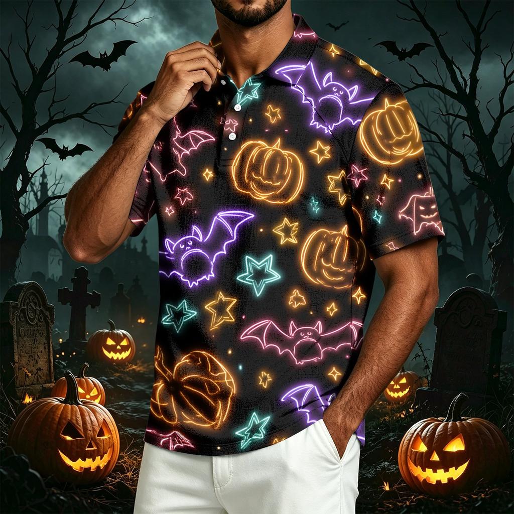 Men's Casual Short Sleeve Polo Shirt Lightweight Breathable Cotton Linen Fabric Halloween Print Design Button Down Collar