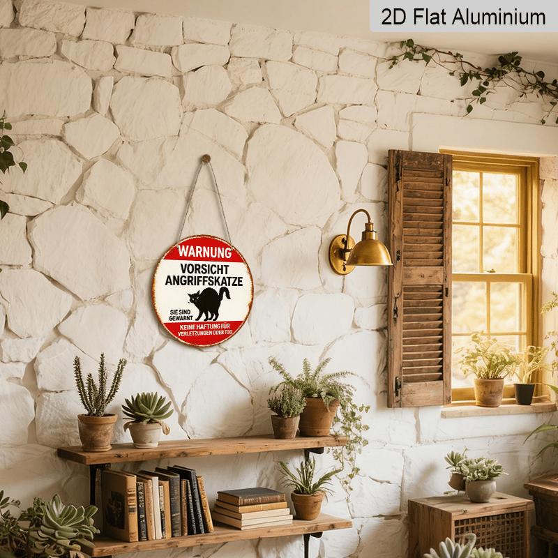 2D Flat, 1pc 7.87*7.87 Inch Round French Aluminum Sign, Retro Decorative Plaque about "Beware of Attacking Cat", "Cat Warning" Decorative Sign