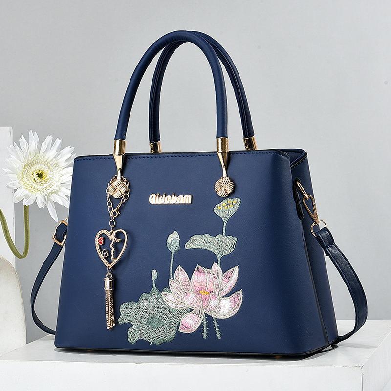Women Embroidery Lotus Pattern Shoulder Bag Large Capacity Tote Handbag