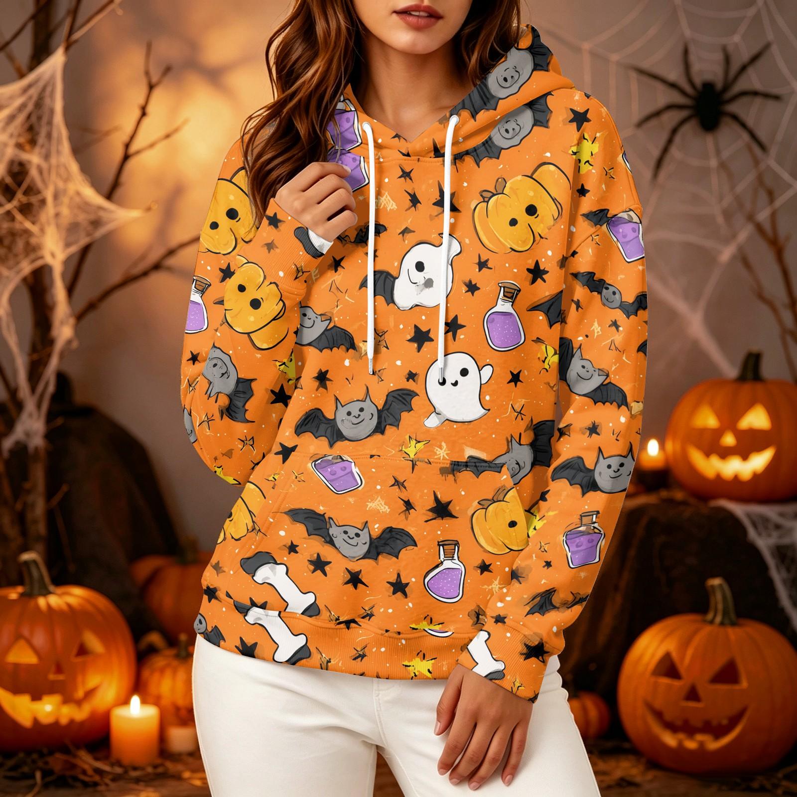 Women s Long Sleeve Halloween Printed Hoodie Sweatshirt for Casual Holiday Wear S