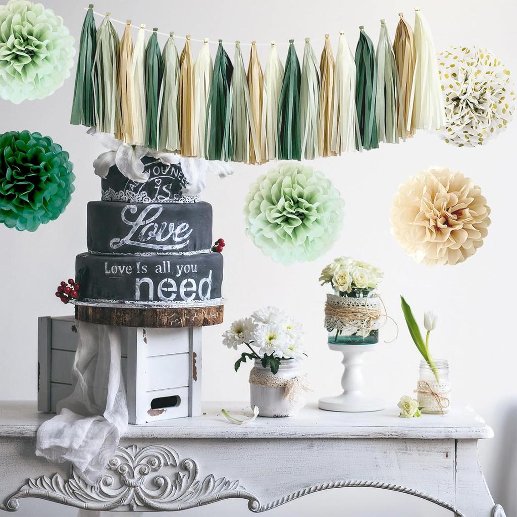 Engagement Party Decorations, Happy Engagement Banner Sage Green Tissue Pom Poms, Paper Lanterns, Circle Dot Garland for Couple Party Bridal Shower