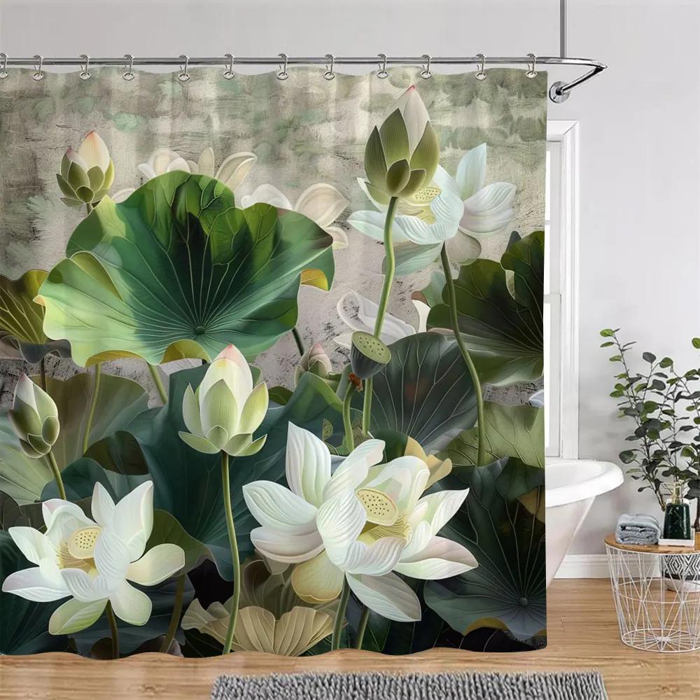 Lotus Flowers Shower Curtain Green Leaves Plant White Floral Chinese Style Home Wall Hanging Bathroom Curtains Decor with Hooks
