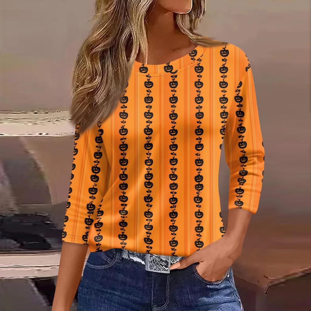 Women's Halloween Print T-Shirt Loose Fit Round Neck Three Quarter Sleeve Casual Shirt with Pumpkin and Bat Design for Seasonal Wear