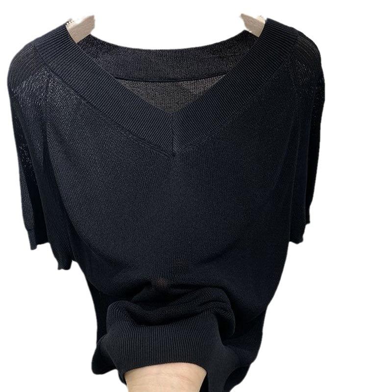 Tops de punto para mujer, camiseta de manga corta con escote en V, sencilla, a la moda, para el verano