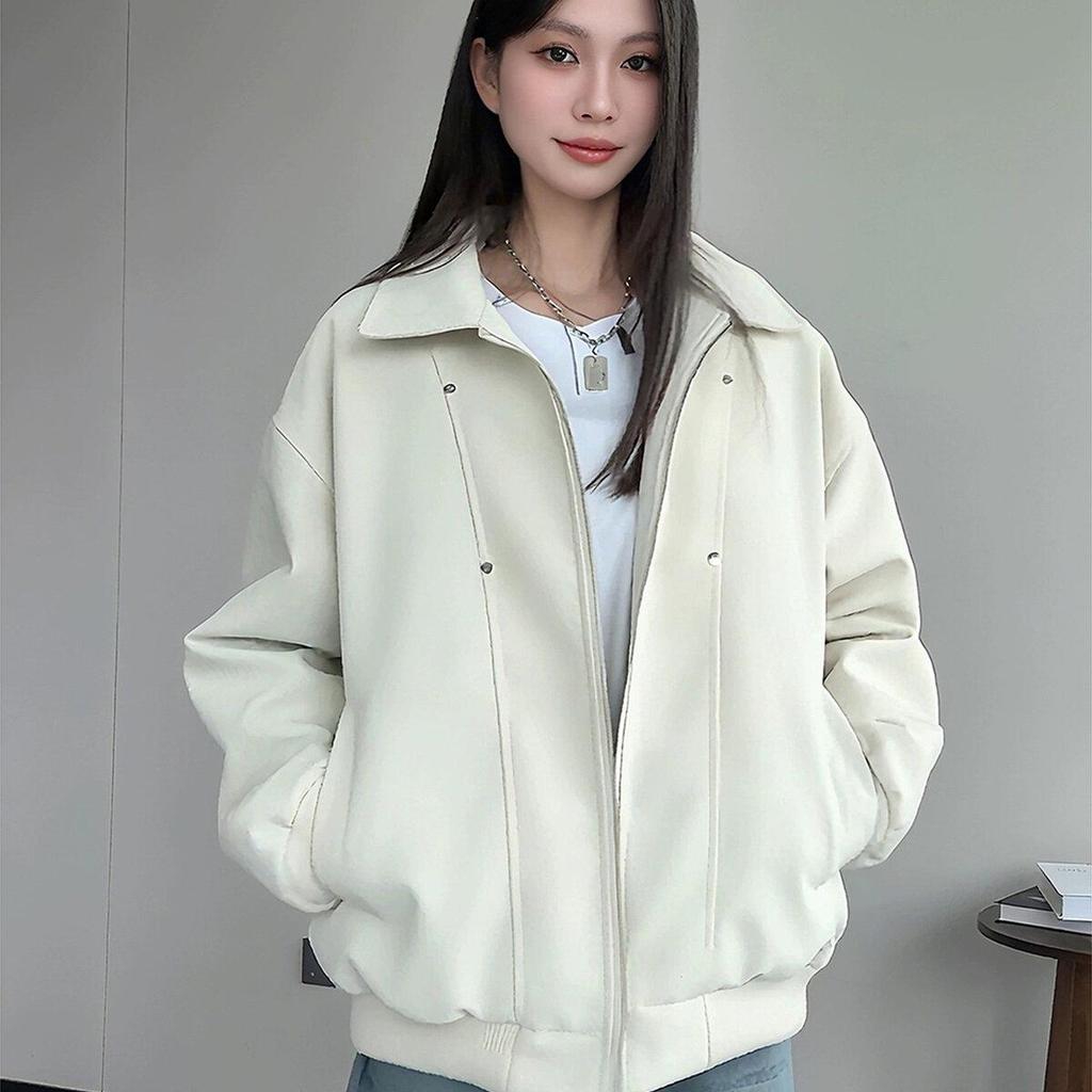 Off-White PU Leather Padded Men's Autumn Winter Motorcycle Jacket, Thickened Cotton Baseball Style for Couples