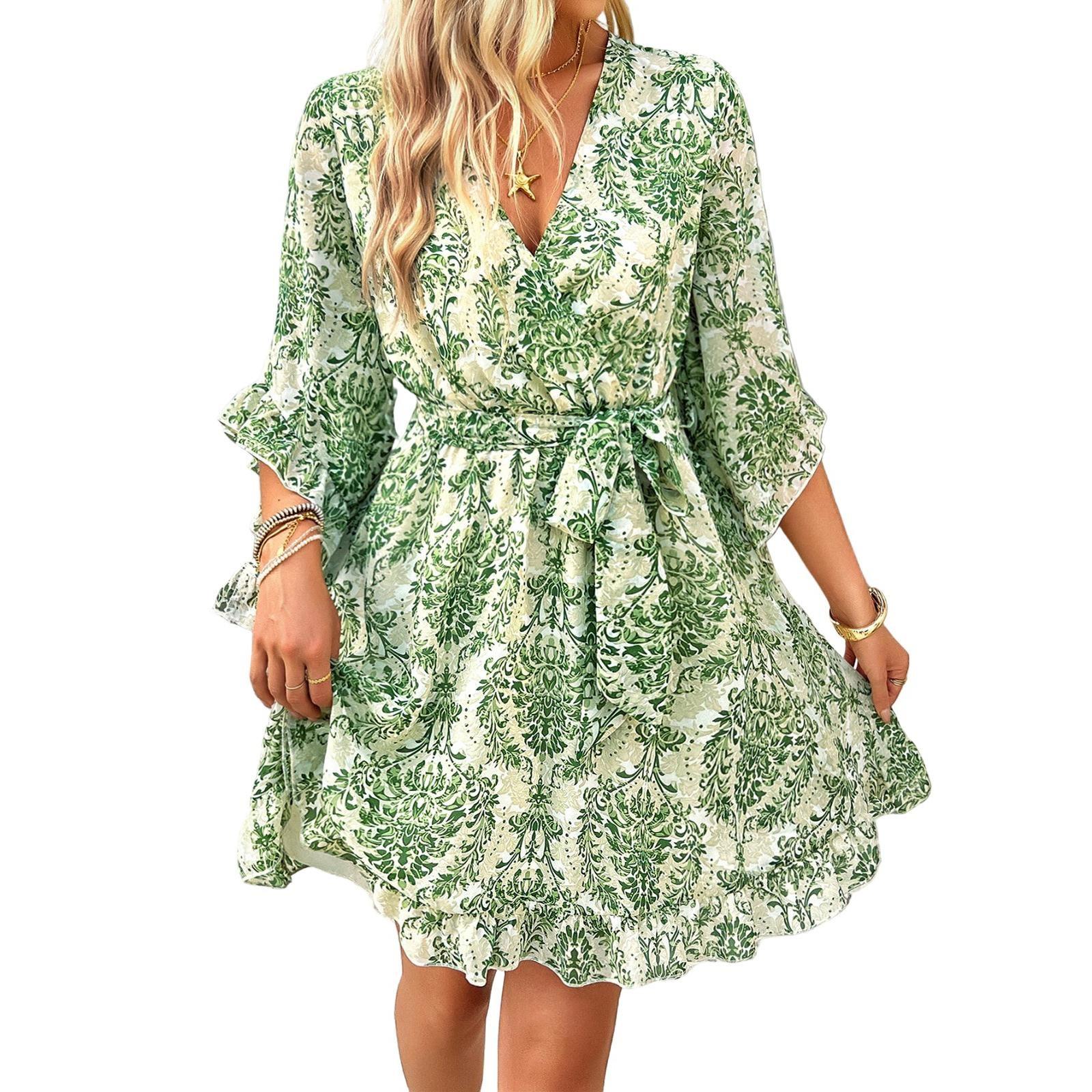 

Женские винтажные цветочные повседневные платья-туники с V-образным вырезом и коротким рукавом XL