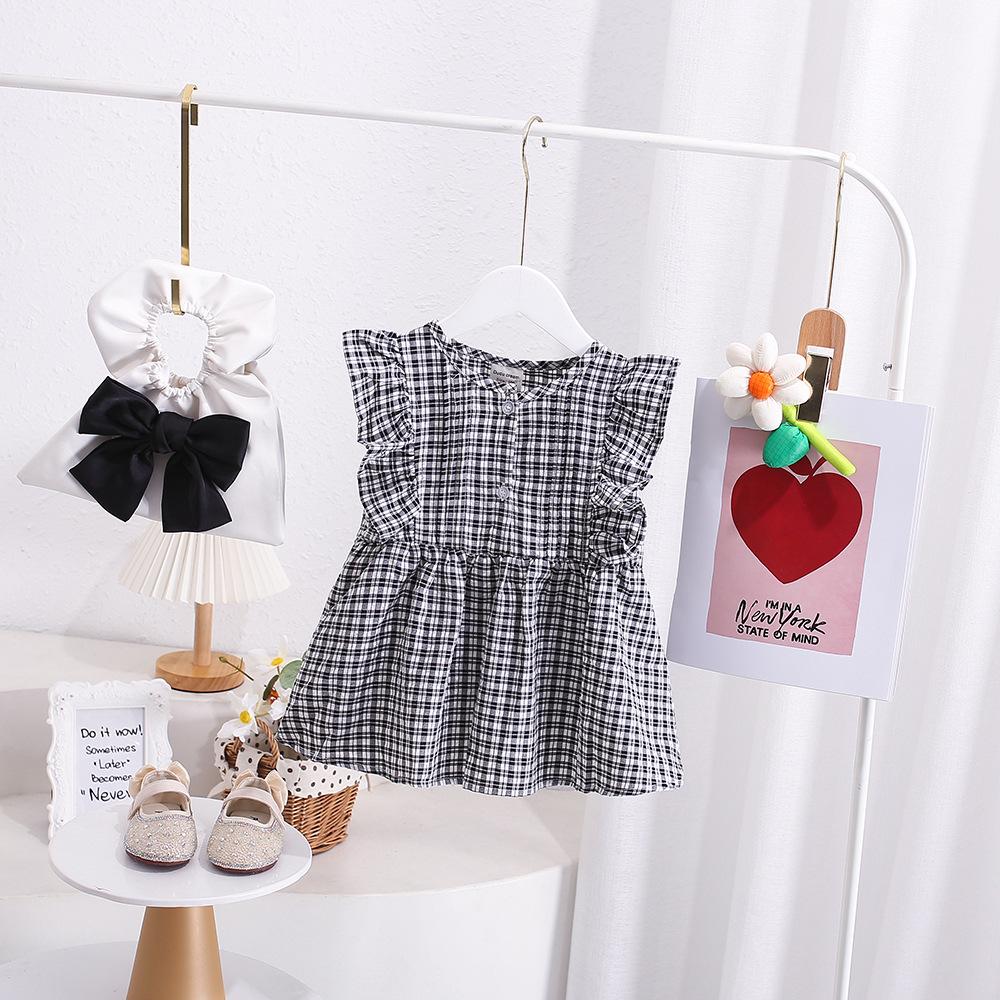 Girls Summer Cotton Plaid Shirt Pleated Flutter Sleeve Cute Short Sleeve Blouse Top
