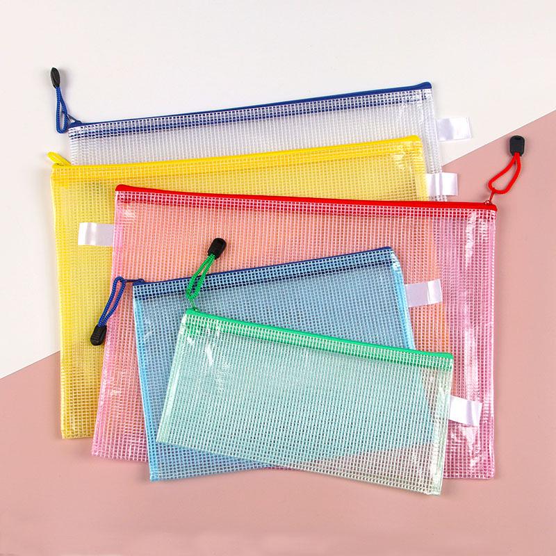 A4 Waterproof Mesh Zipper File Bag - Transparent, PVC, Handheld, Office & Student Stationery.