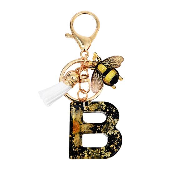 Dried Flower Letter Charm Bee Keychain Pendant Resin Black 1 Pc