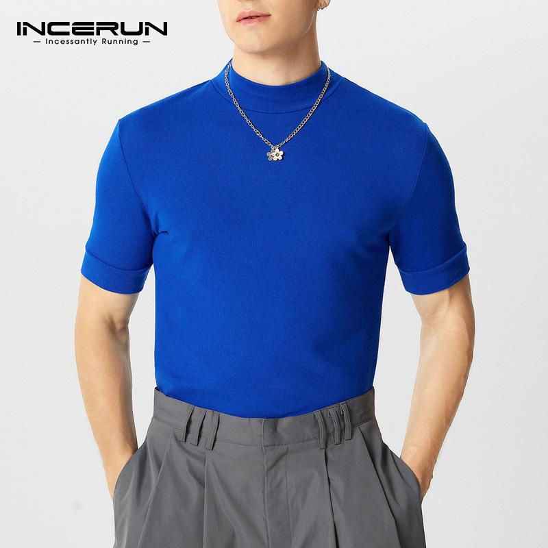 INCERUN Men High Neck Short Sleeve Fitted Casual Undershirts T-shirts Tops