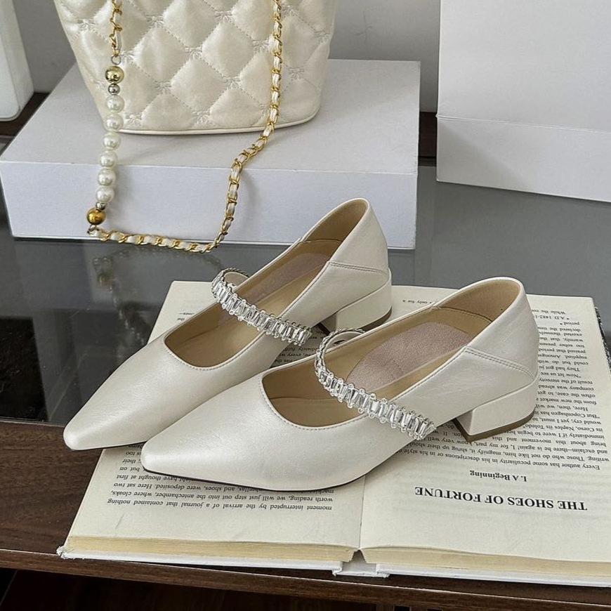 Rhinestone thick heel pointed single shoes women's 2025 new model with skirt temperament fashionable foreign style one pedal Mary Jane women's shoes