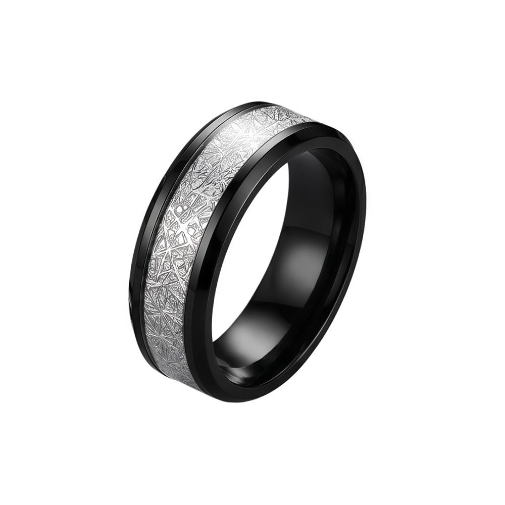 Rime Textured Titanium Steel Couple Ring with Inlaid Design