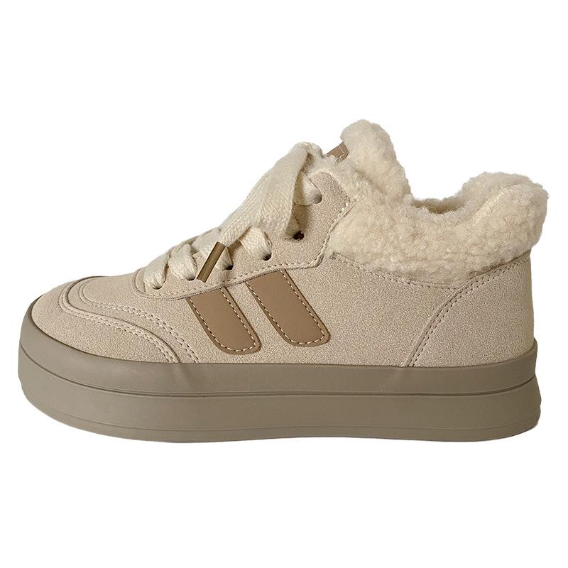 

BE-6802 Туфли средней высоты с толстой подошвой и большим размером головки из овечьей шерсти и хлопка, женские туфли, зимние теплые бархатные туфли для доски, белые туфли Northeast 40 бежевый