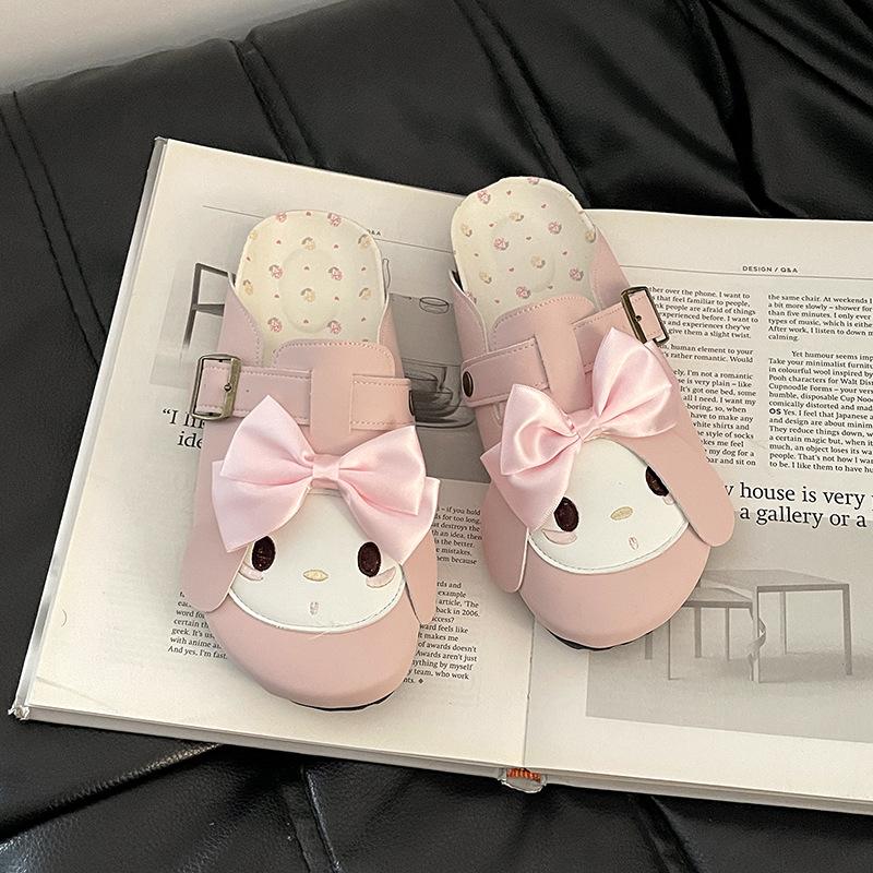 

Мультяшные тапочки с бантом, летние милые ретро, для девочек, уличные, универсальные, на плоской подошве, крутые тапочки, тренд 40