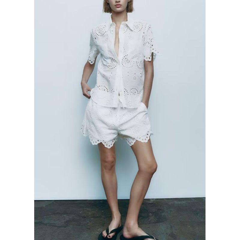 Spring New Polo Collar Short Sleeve Cut Out Embroider Shirt 7578101 White High-Waist Shorts 7575019