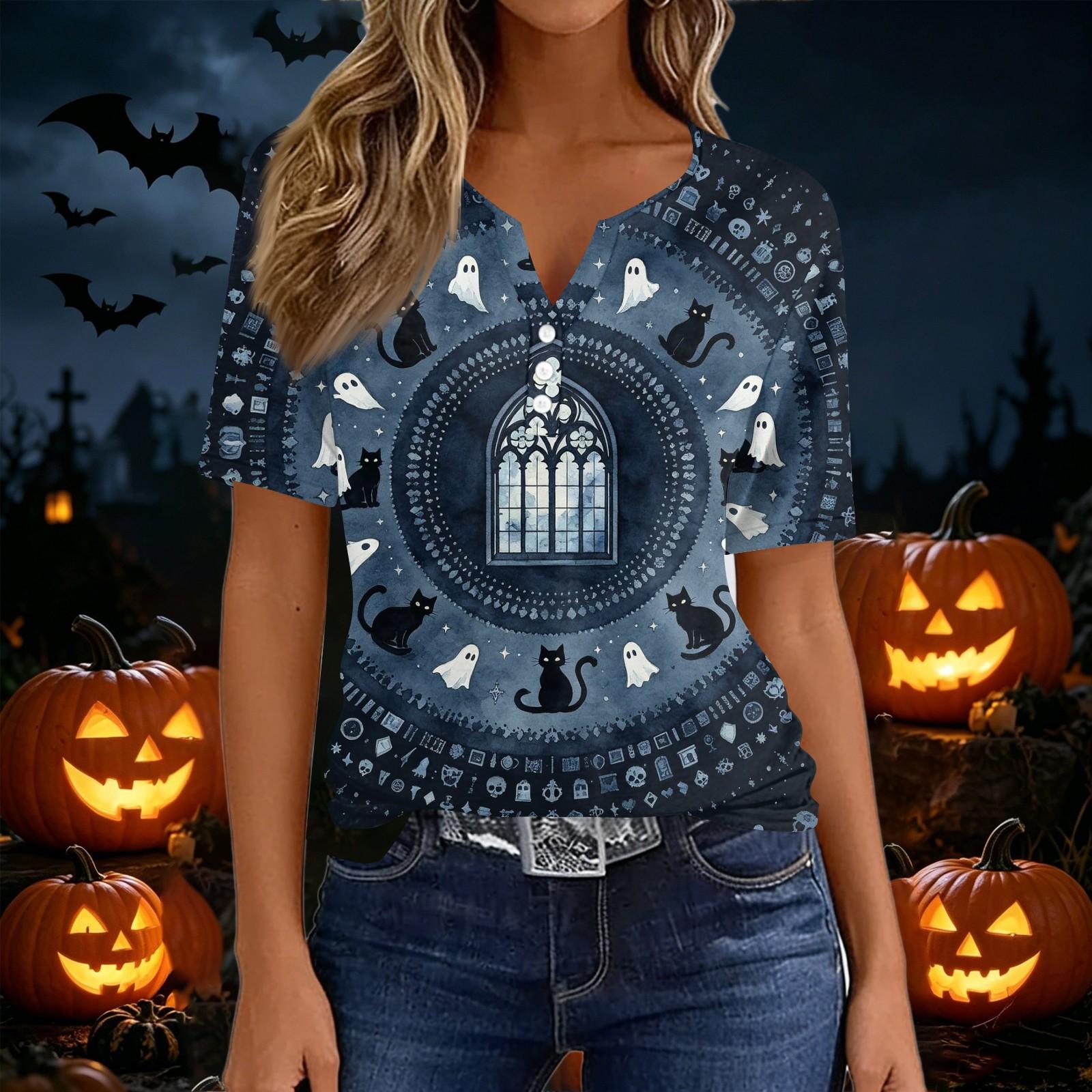 Women s fashion casual V-neck short-sleeved Halloween printed T-shirt top XXL