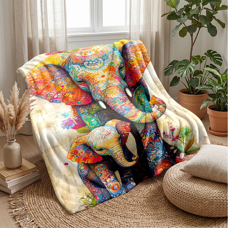 Vibrant Colorful Elephant Art Theme Blanket Lightweight Warm Flannel Blanket Decorative Throw Blanket for Home Decoration