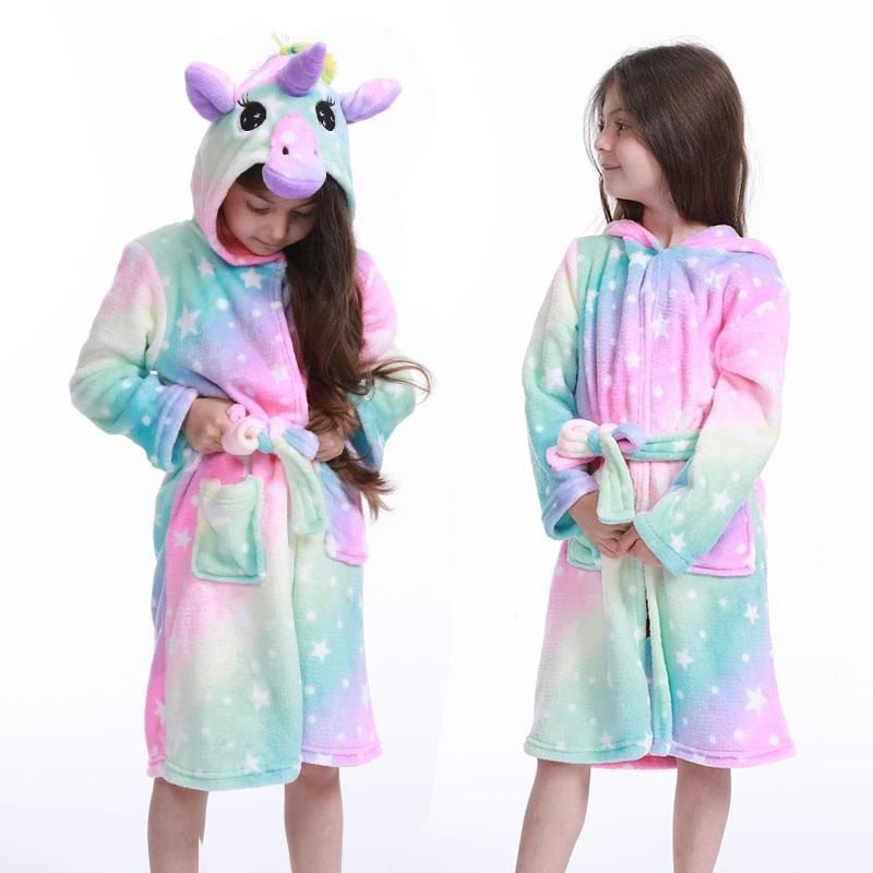 Children Bathrobe for Girls Kigurum Unicorn Pyjamas Kids Colar Fleece Boys Bathrobes Nightgown Baby Sleepwear Hooded Bath Robe