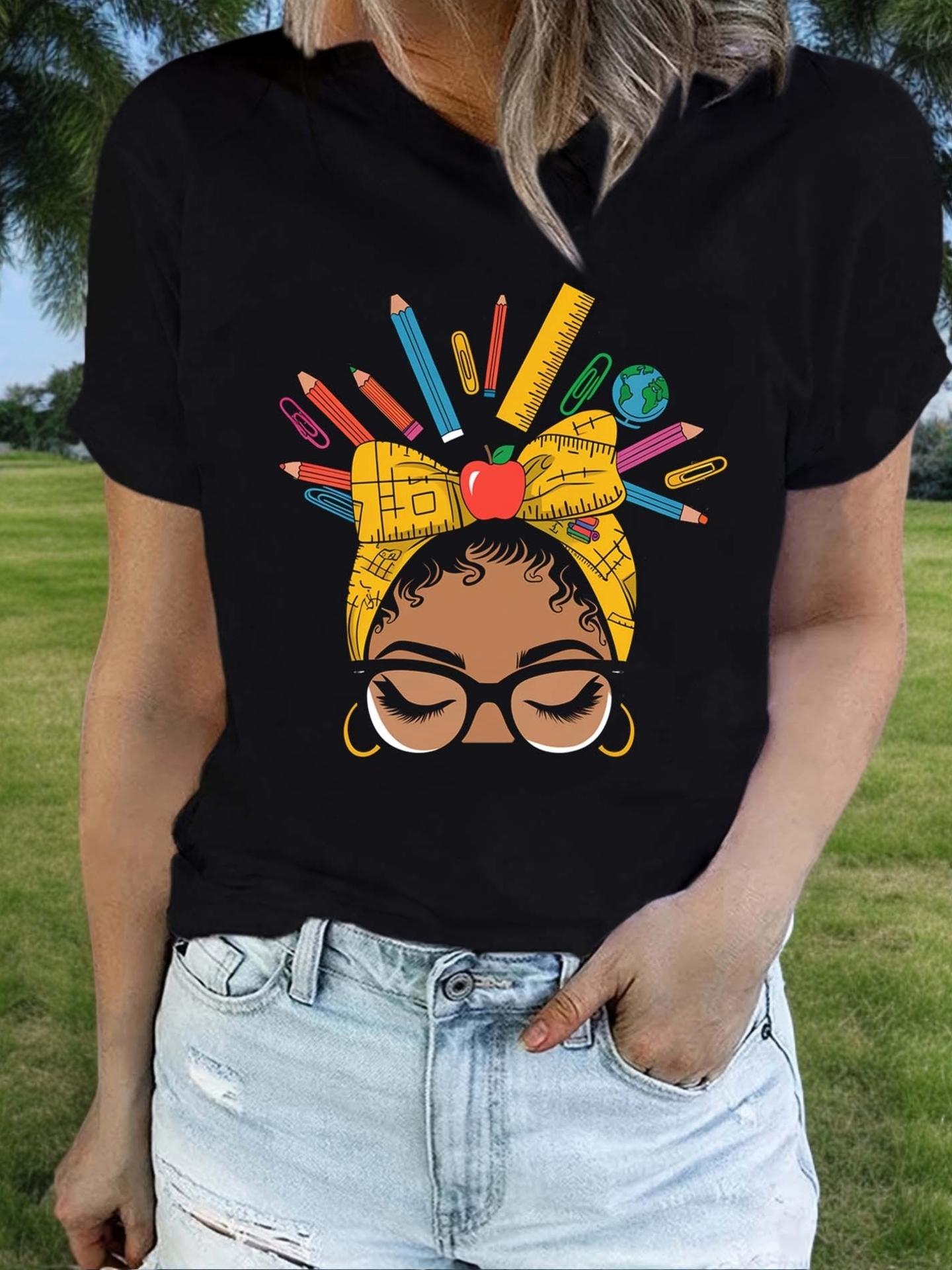 Teacher Pencil Apple Globe Measurement Ruler T-shirt S