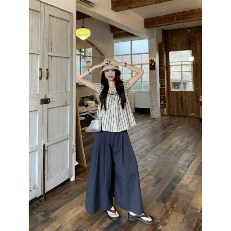 Kumikumi Casual Set Women Retro Stripe Flying Sleeves Shirts Summer Loose Wide Leg Casual Pants Two-piece Set