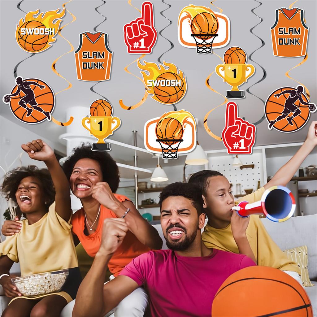 Dekorationer för fest med baskettema med banderoller, ballonger och tårttoppar för sportfirande och barnfödelsedagsevenemang