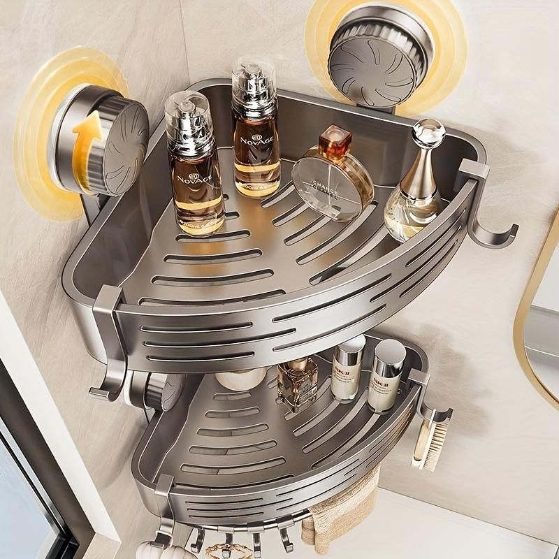 [Space-Saving Shelf] Strong Triangular Space-Saving Suction Cup Bathroom Shelf | No Drilling Required, Multifunctional Storage Organizer with Hooks
