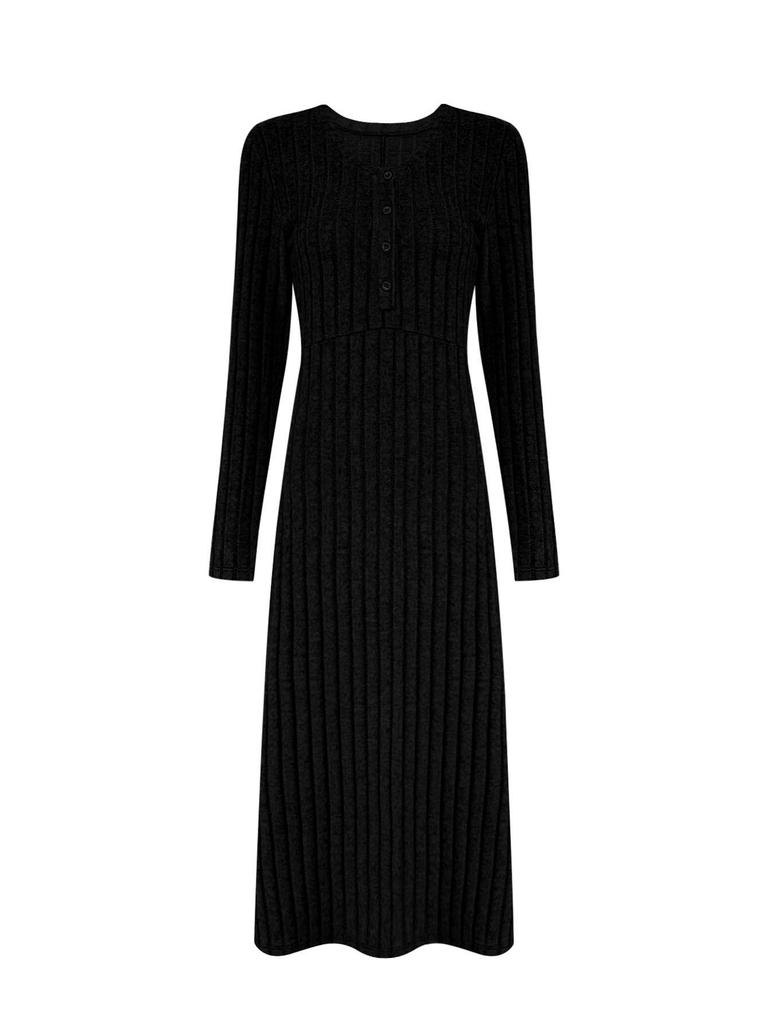 Independent Style European & American Solid Color Ribbed V-Neck Single-Breasted Long Dress for Women - Autumn/Winter Collection