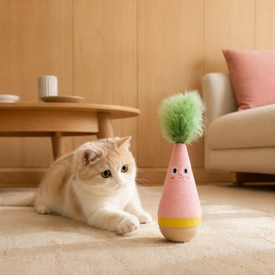 Pet Stimulation Toy for Indoor Play Wooden Wobble Cat Toy, Self-Righting Tumbler with Feather Cats, Interactive Plush Hunting Cats Punching Bag Stable