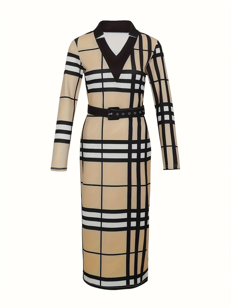 women's Plaid Print V Neck Long Sleeve Bodycon Midi Dress Slim Fitted Pencil Dress With Matching Belt
