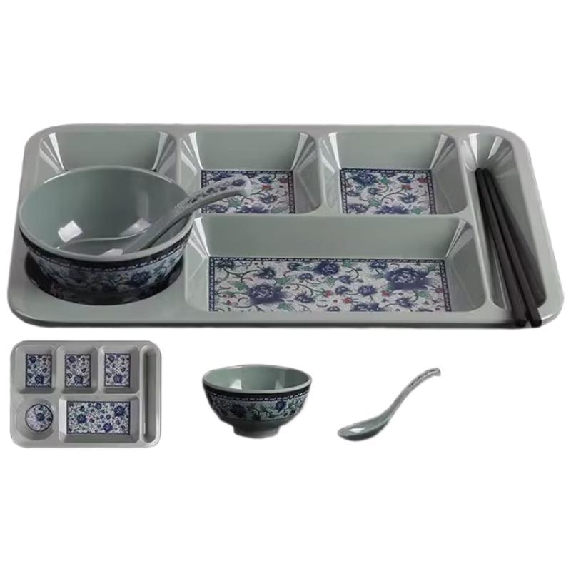 Rectangular Six-Compartment Melamine Dining Plate Set