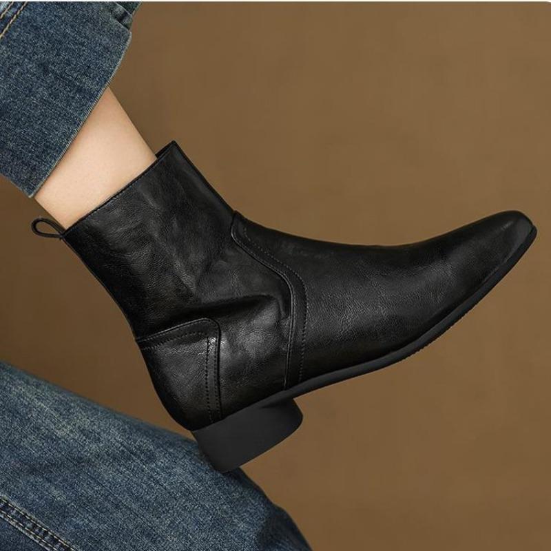 

Pointed retro flat-bottomed small short cotton boots women s autumn and winter soft leather soft-soled boots low-heeled thin versatile and bare boots 35