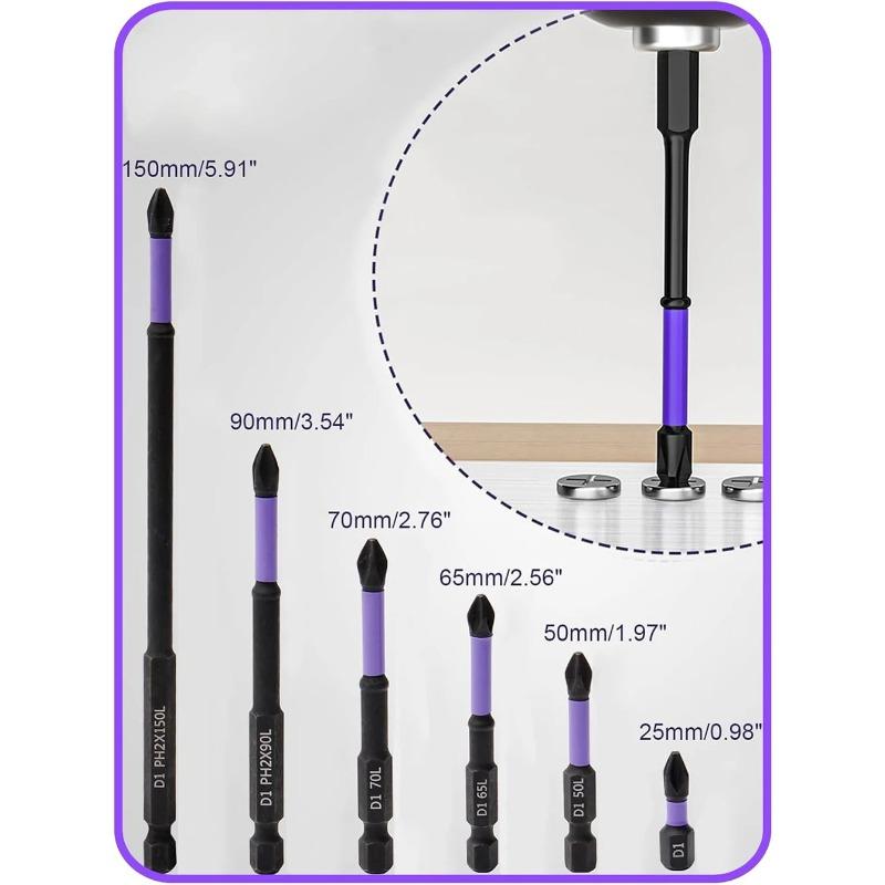 Driver Bit Set 6pcs Magnetic Bits D1 Alloy Steel Impact Resistance Long Cross Driver Bits 1/4in Hex Shank for Drills