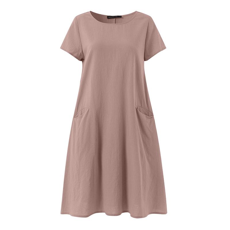 Women's Short Sleeve Round Neck Dress (With Pockets) Loose Casual Solid Color Midi Dress