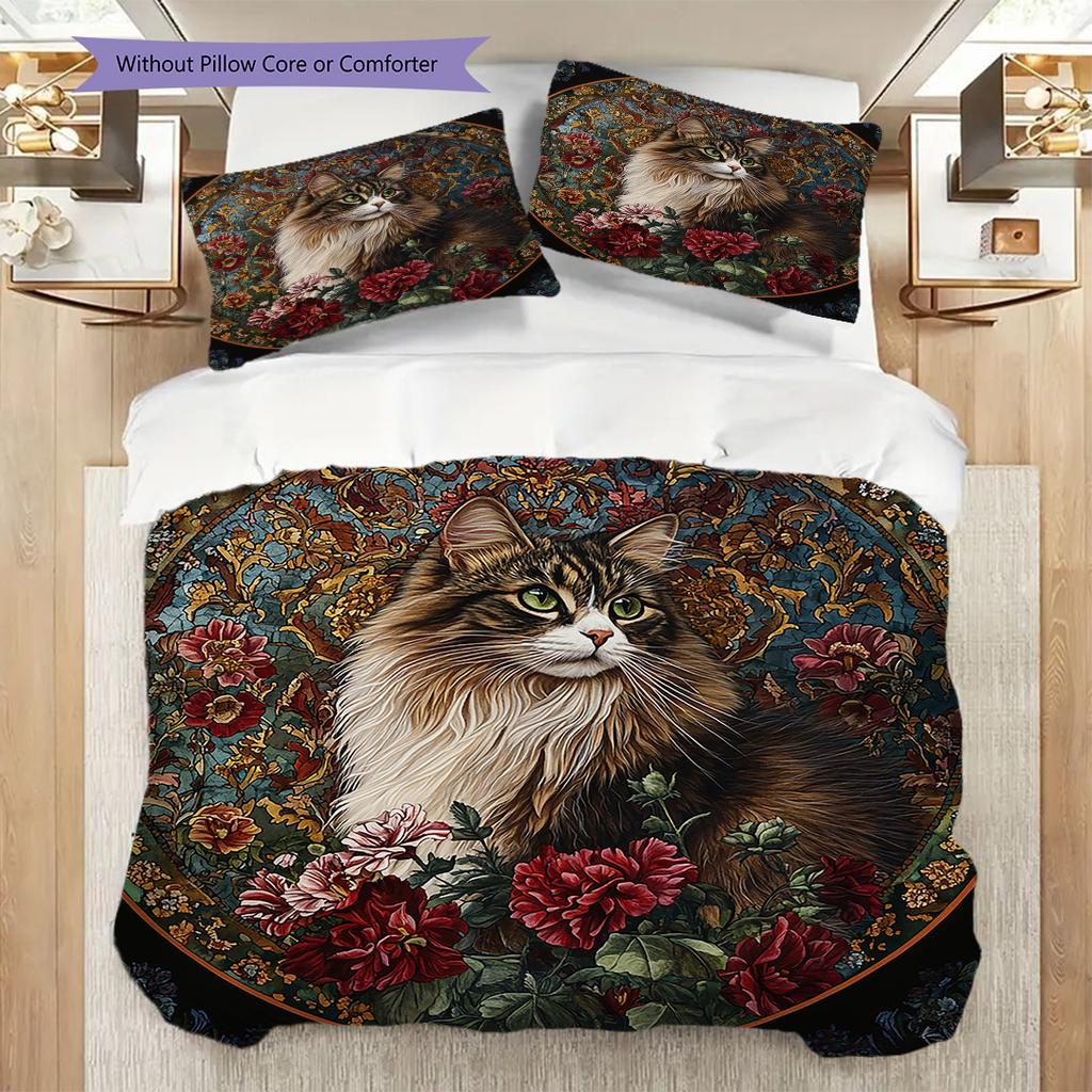 Tabby Cat Pattern Bedding Quilt Set Quilt Cover Pillowcase Home Decoration Birthday Gift (1 * duvet cover + 2 * pillowcase, without core)