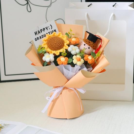 Handmade Crochet Flower Bouquet Completed Knitted Sunflower Puff Flower Doll Graduation Bouquet Teacher Appreciation Gifts for Grad Party Favors