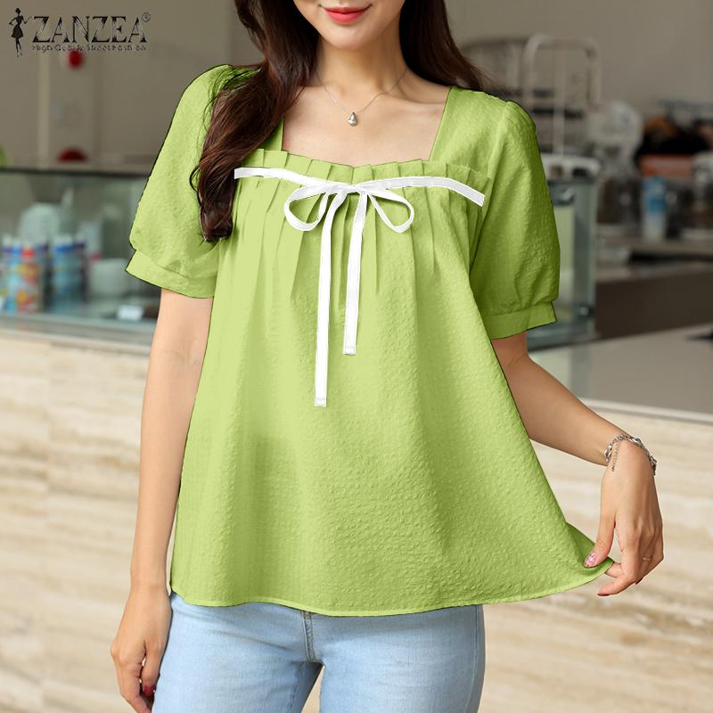 

ZANZEA женский летний плиссированный топ с квадратным вырезом и короткими рукавами, контрастный цвет, галстук-бабочка, однотонный свободный топ