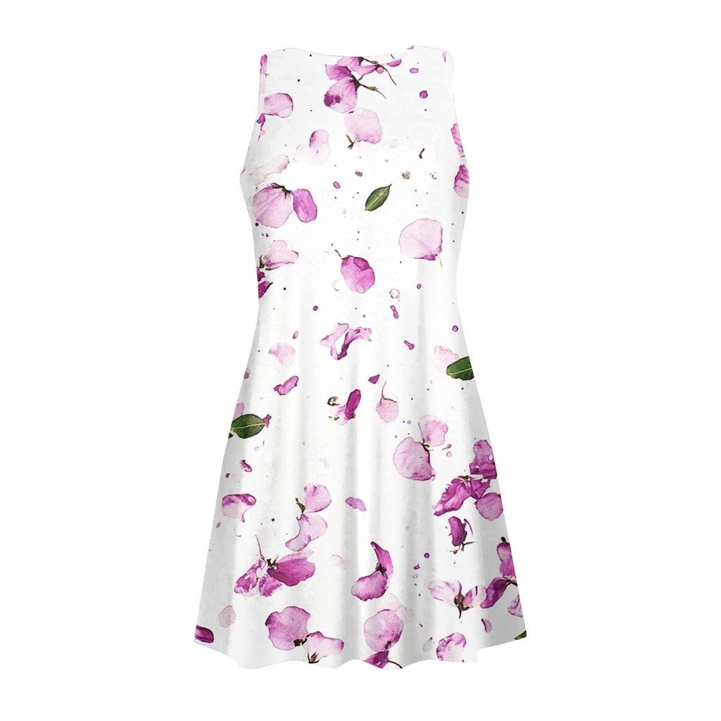 Women's Summer Casual Round Neck Printed Dress Sleeveless Dress With Pockets