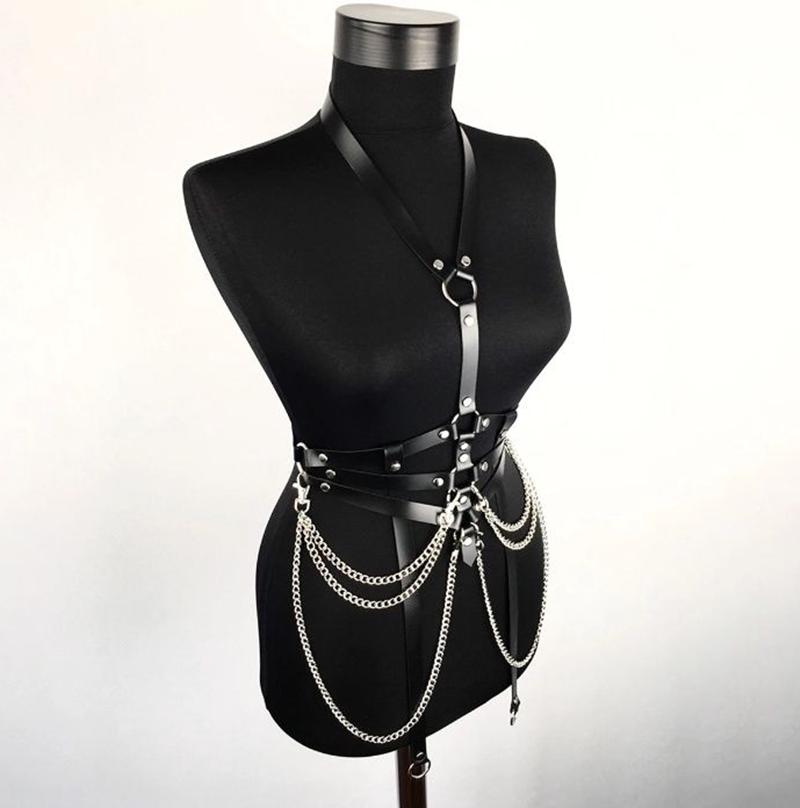 Gothic Punk PU Leather Belt With Detachable Chain Woman Adjustable Body Harness Halter Sexy Leather Waist Belt